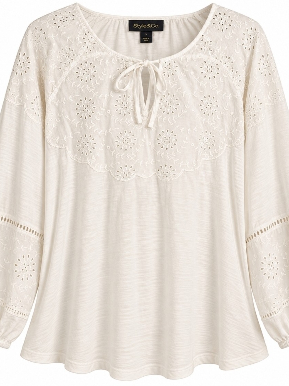 Style & Co. Cream Eyelet Tie-Front Tunic Blouse